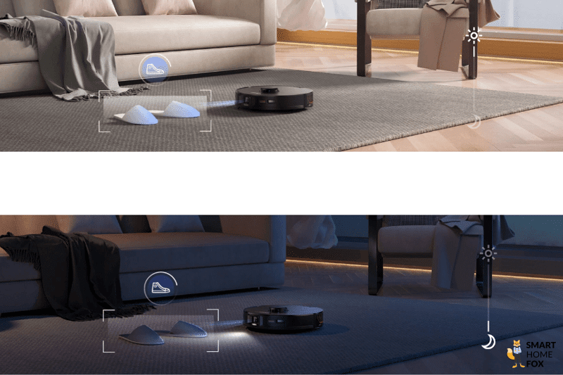 Можно увидеть, как Roborock S7 MaxV объезжает препятствия днем и ночью